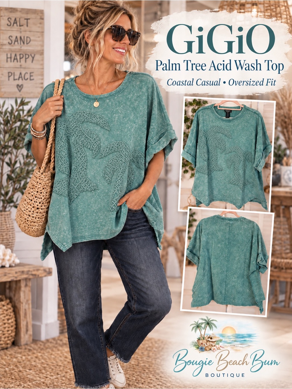 Palm Tree Acid Wash Top - Teal Oversized Women's Tee